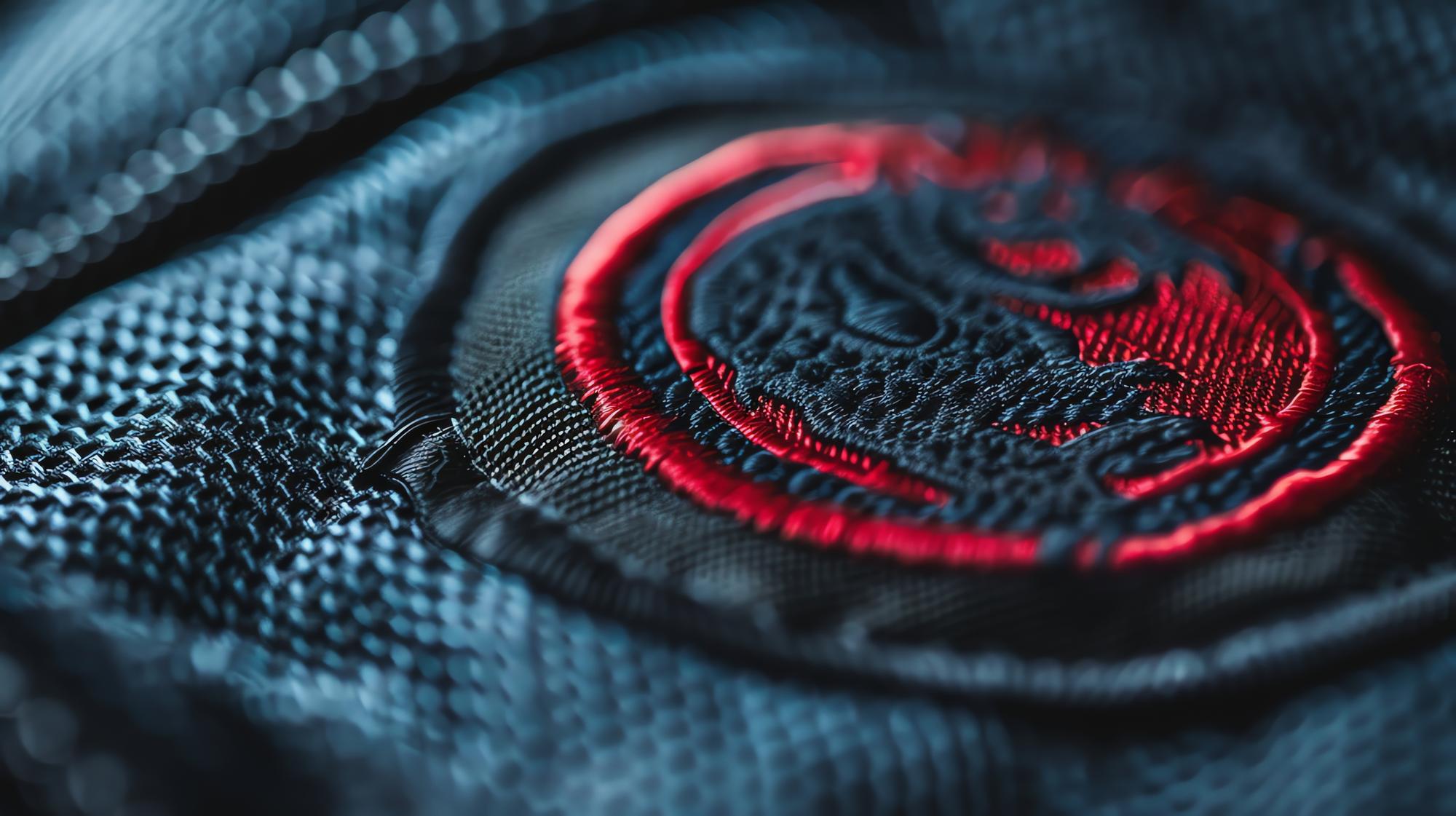 Close-up modern embroidered patch on dark textile